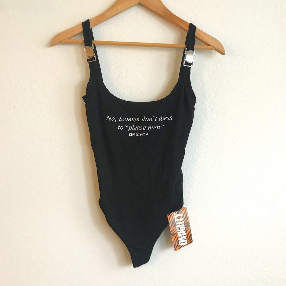 NWT omighty Black Bodysuit Silver Buckles 'Women don't dress to please men' Sz S